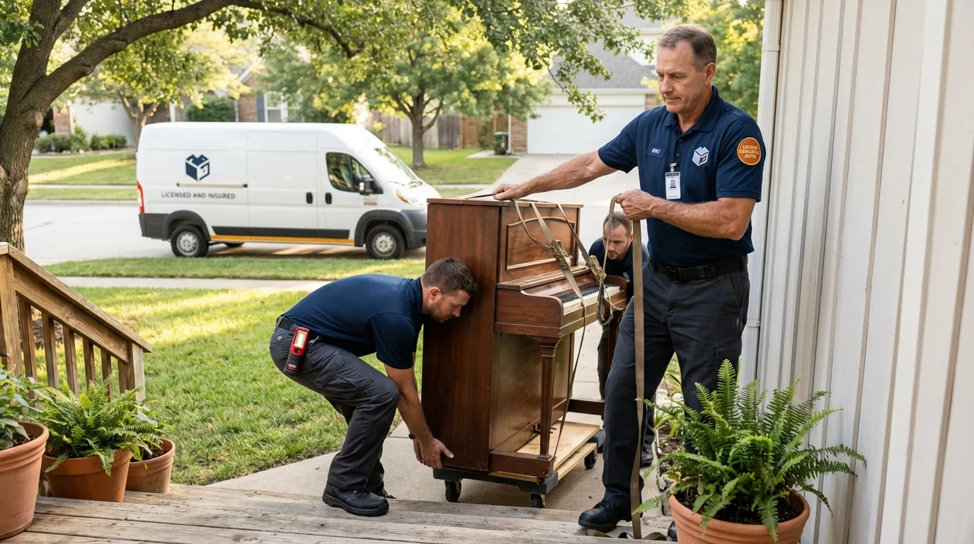 Licensed piano movers securing grand piano in White Pigeon, MI