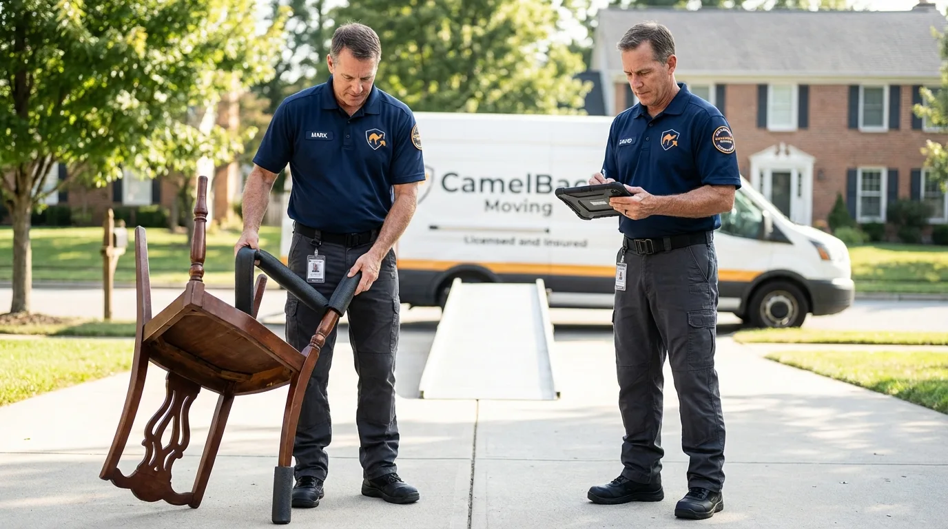 Movers inspecting furniture for damage prevention before loading in White Pigeon, MI