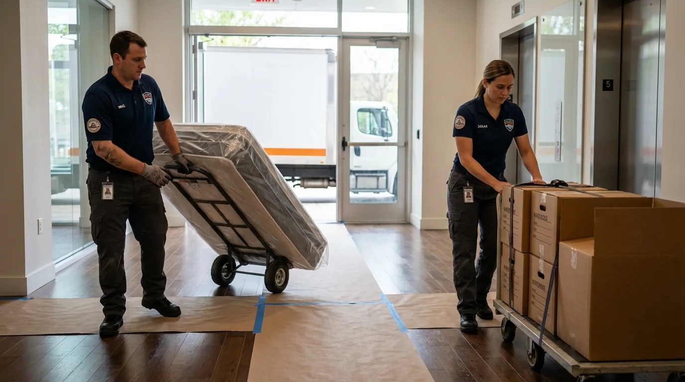 Professional apartment movers loading elevator in White Pigeon, MI
