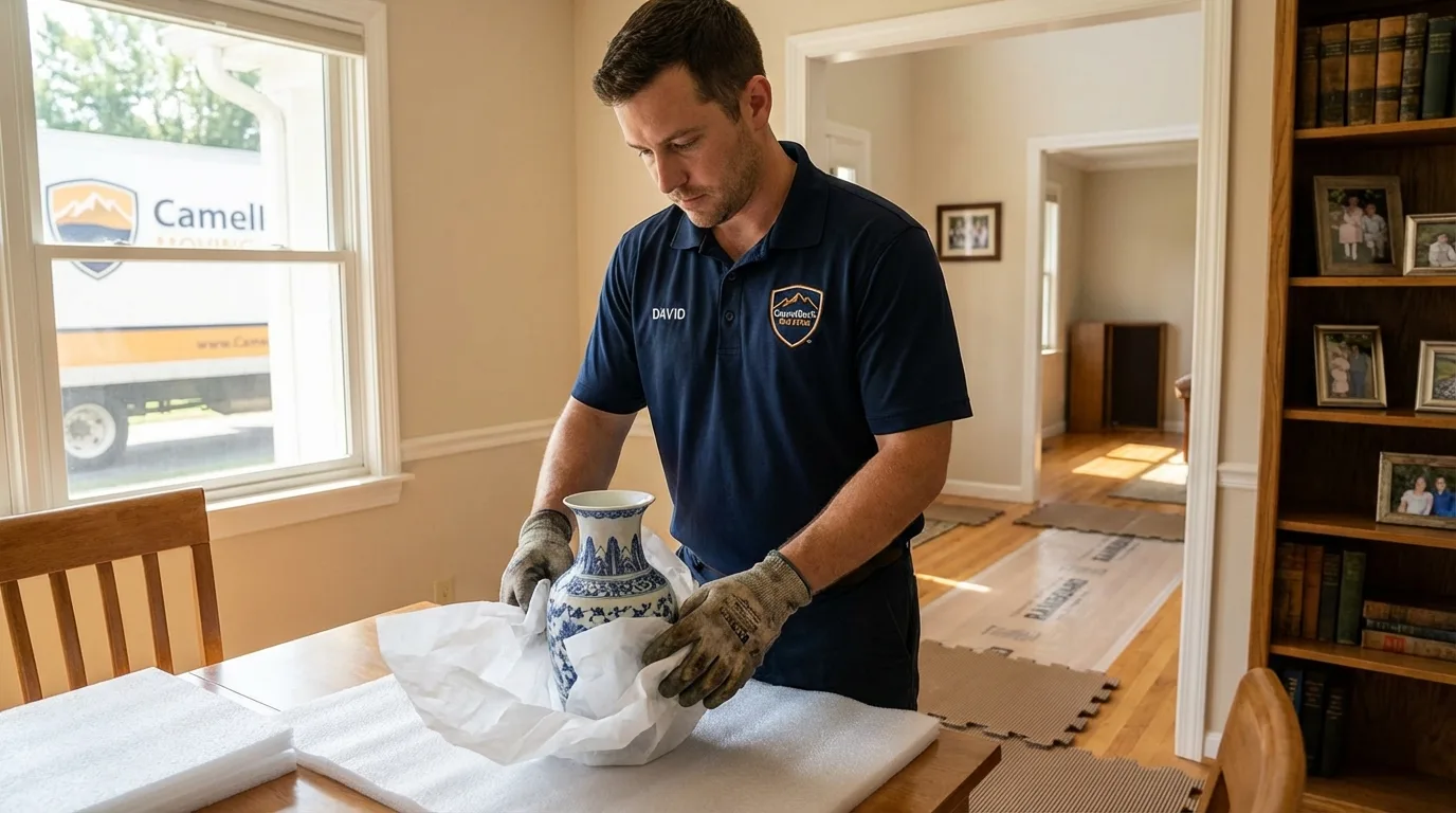 Professional crew carefully wrapping antique vase for senior downsizing move in White Pigeon, MI